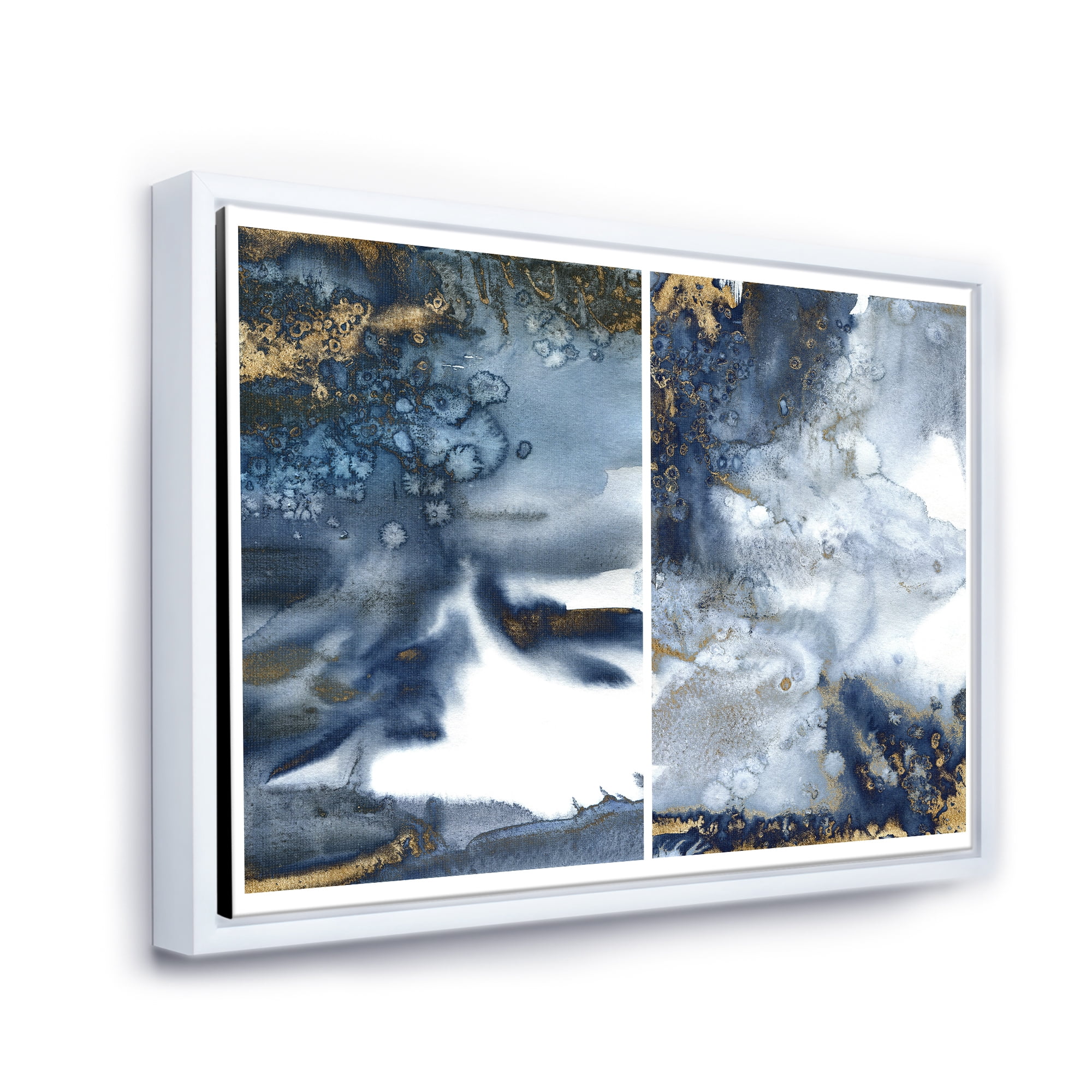 Designart 'Gold and Dark Blue Abstract Waves IV' Modern Framed Canvas Wall Art Print