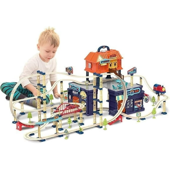 Train Track Set for Toddlers & Kids – 206 PCS Train Tracks w/Reversible Curves, Bridges, Ramps – STEM Learning Toy for 3-7 Year Old Boys & Girls