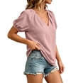 thumbnail image 6 of Women's Loose Fit V Neck Puff Short Sleeve Tunic Blouse Top Comfy Casual Summer Work Office Outfits | CSEONE,Pink S, 6 of 7