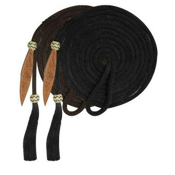 Showman 21' Nylon Mecate Reins w/ Horse Hair Tassel & Tooled Leather Popper (Black)