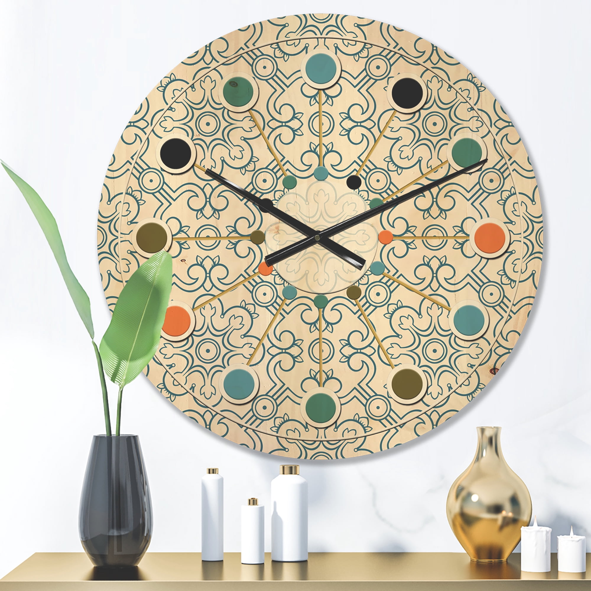 Designart 'Retro Pattern Over Floral V' Mid-Century Modern Wood Wall Clock
