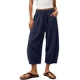 thumbnail image 3 of Women's Linen Wide Leg Barrel Capri Pants, Elastic High Waist Loose Cropped Trousers with Pockets, Breathable Summer Casual 7/8 Length Pants for Vacation Daily Office Wear Navy XL, 3 of 8