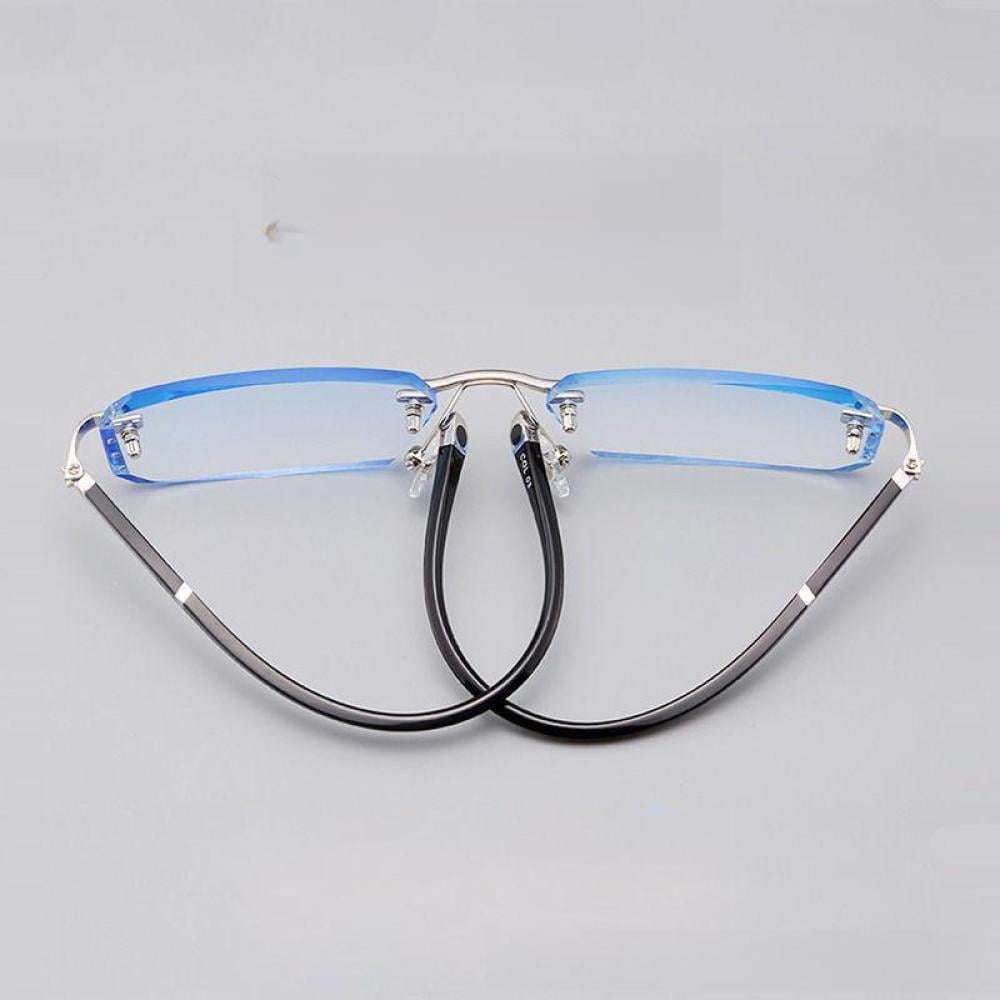 Mens Fashion Blue Light Blocking Rimless Reading Glasses 3.0, Metal Silver Spring Hinge Business Rectangle Blue Lens Sunglasses Readers +3.00