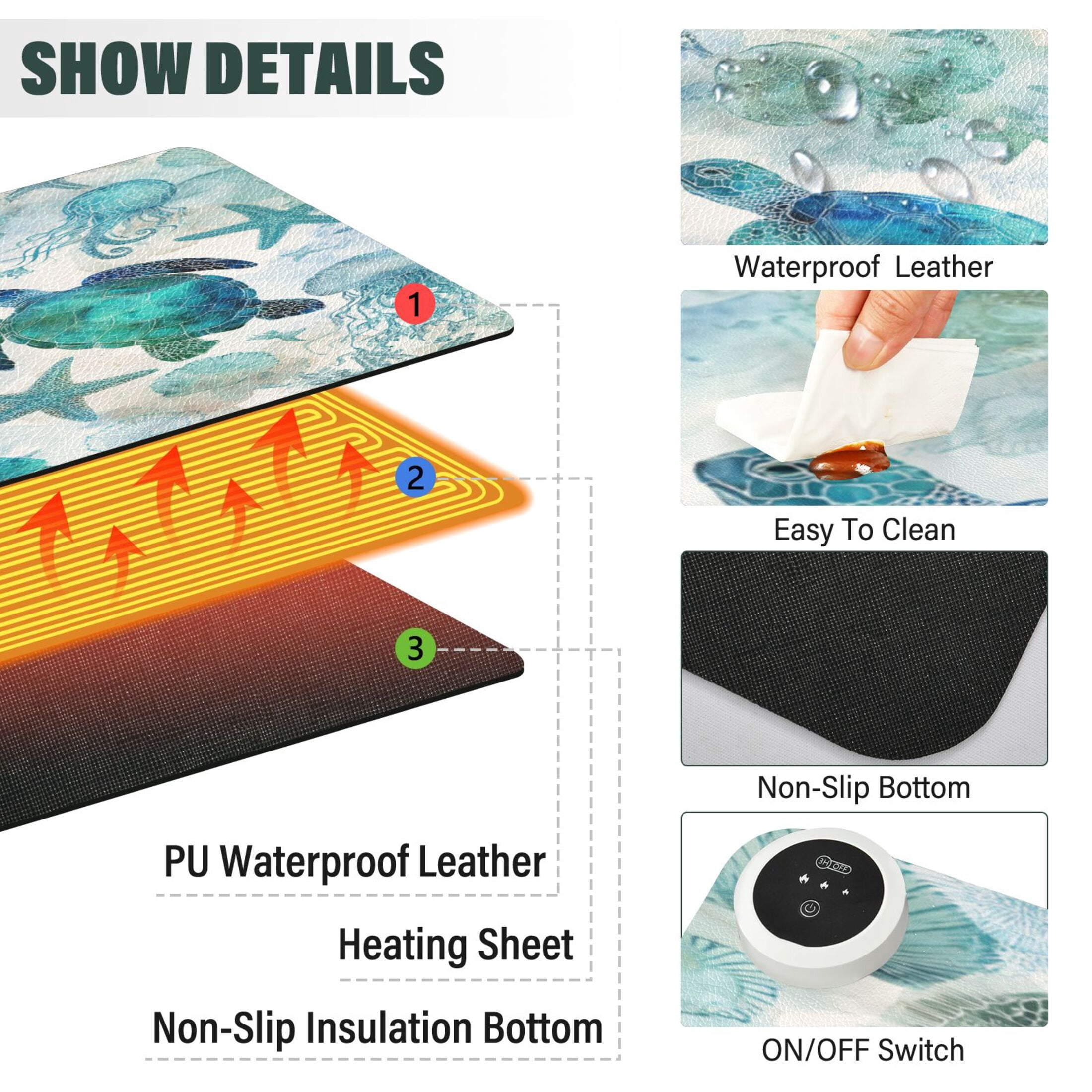 Large Heated Desk Mat Mouse Pad 31.5"x13"PU Leather Graphene Heating Desk Warmer with 3 Temperature Settings 110V US Plug Non-Slip Warm Pad for Home, Office, and Gaming Green Adorable Sea Creatures