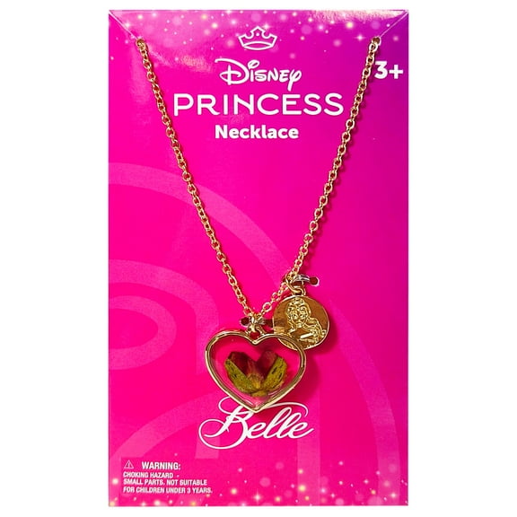 LUV HER Disney Princess Belle Heart Pendant Necklace with Enclosed Rose Petal & Gold Charm for Girls, Ages 3 - Elegant Jewelry Gift Set