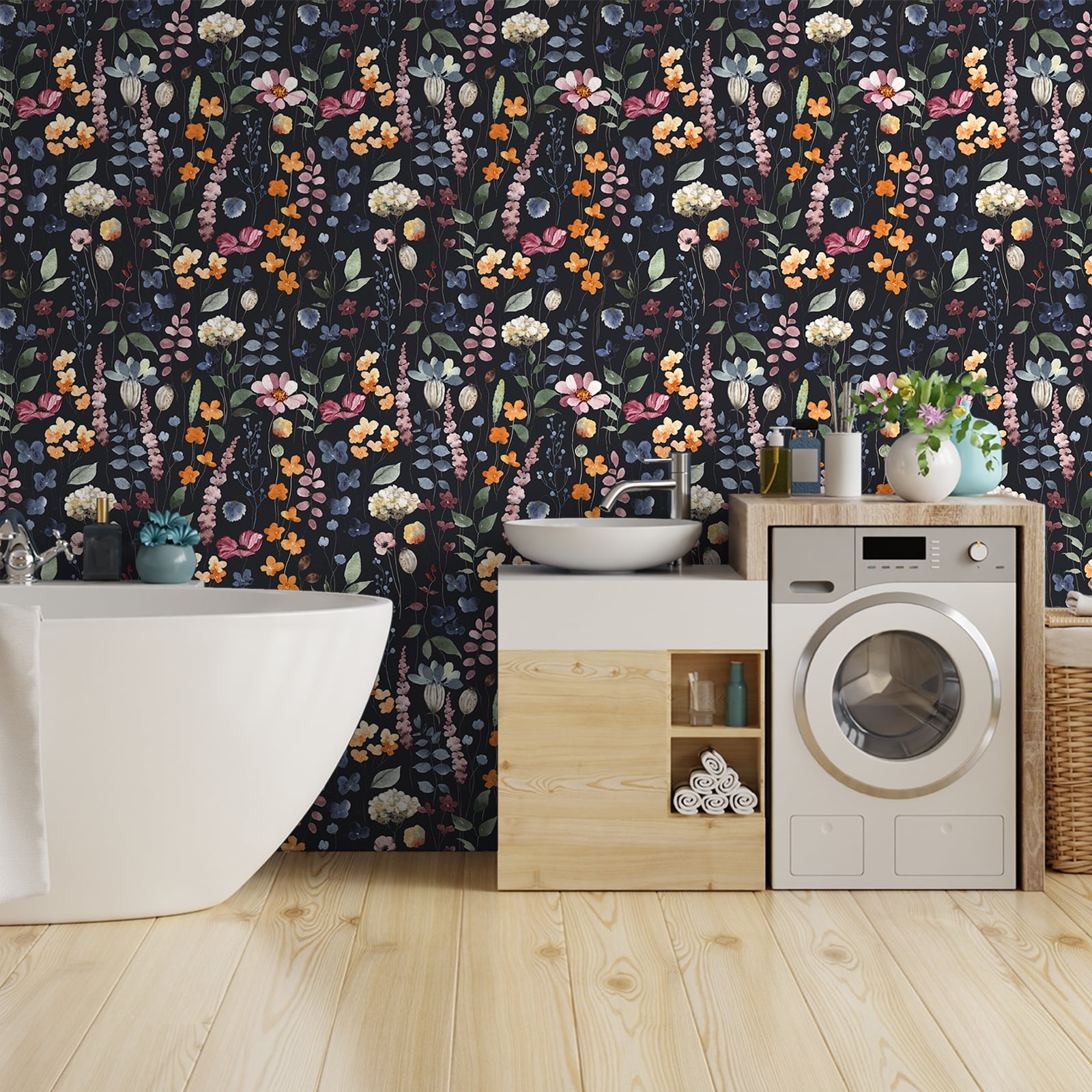 VEELIKE 17.7''x354'' Dark Pressed Flowers Floral Wallpaper Vintage Floral Peel and Stick Wallpaper for Bathroom Removable Wallpaper Decorative Contact Paper Mural for Bedroom Walls Cabinets Shelves