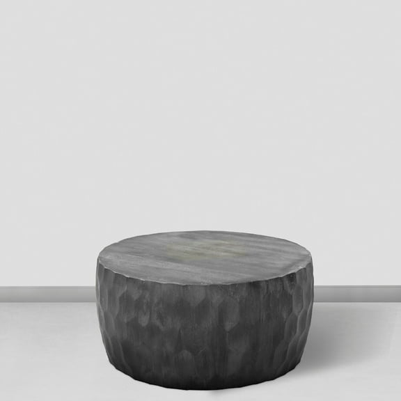 Mango Wood Coffee Table - 34 Inch Round Drum Table, Rustic Gray Finish, Handcrafted Living Room Table