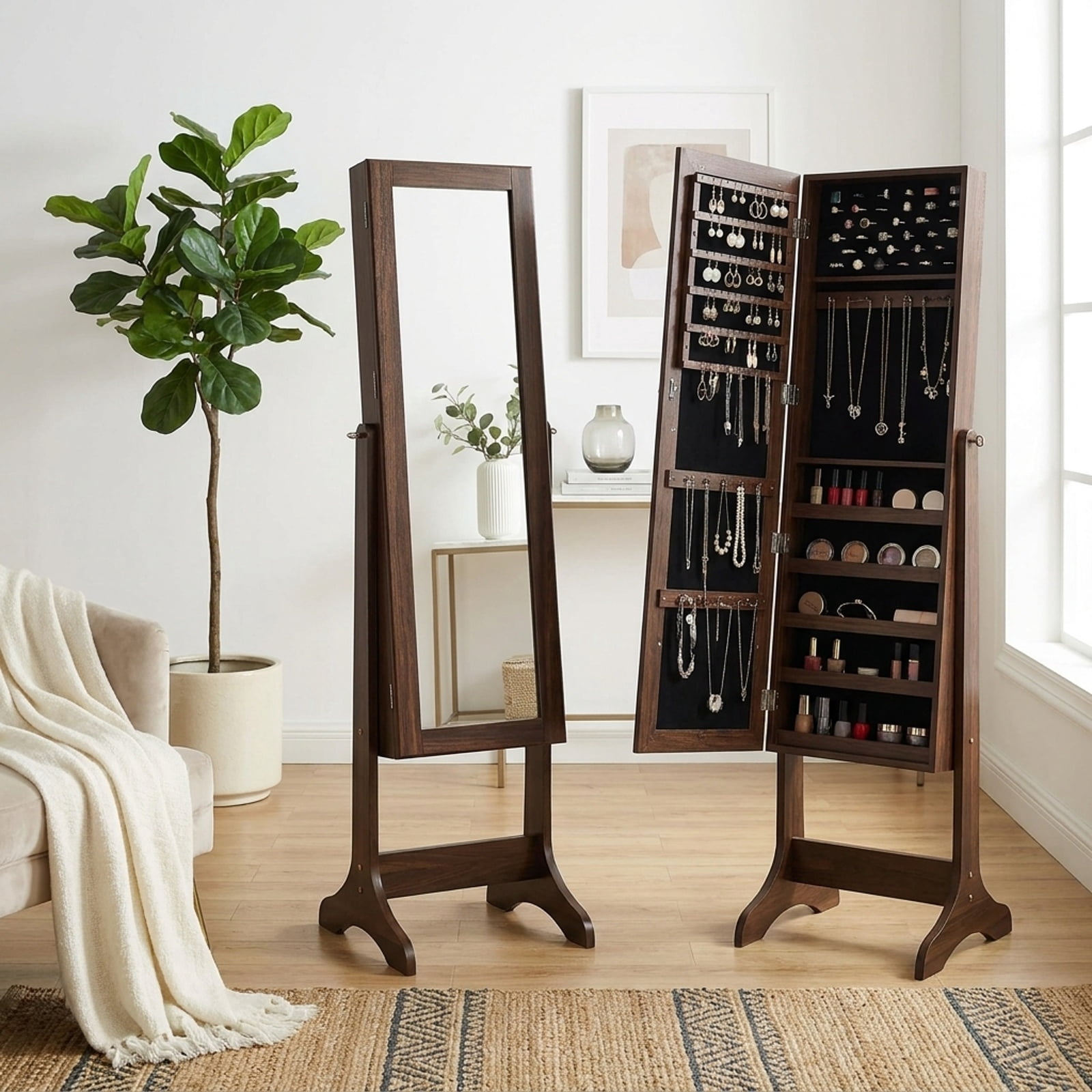 Furnibear Free Standing Full Length Jewelry Armoire with Lights for Bedroom Dressing Room Jewelry Necklace Rings Storage Mirror, Rustic Brown