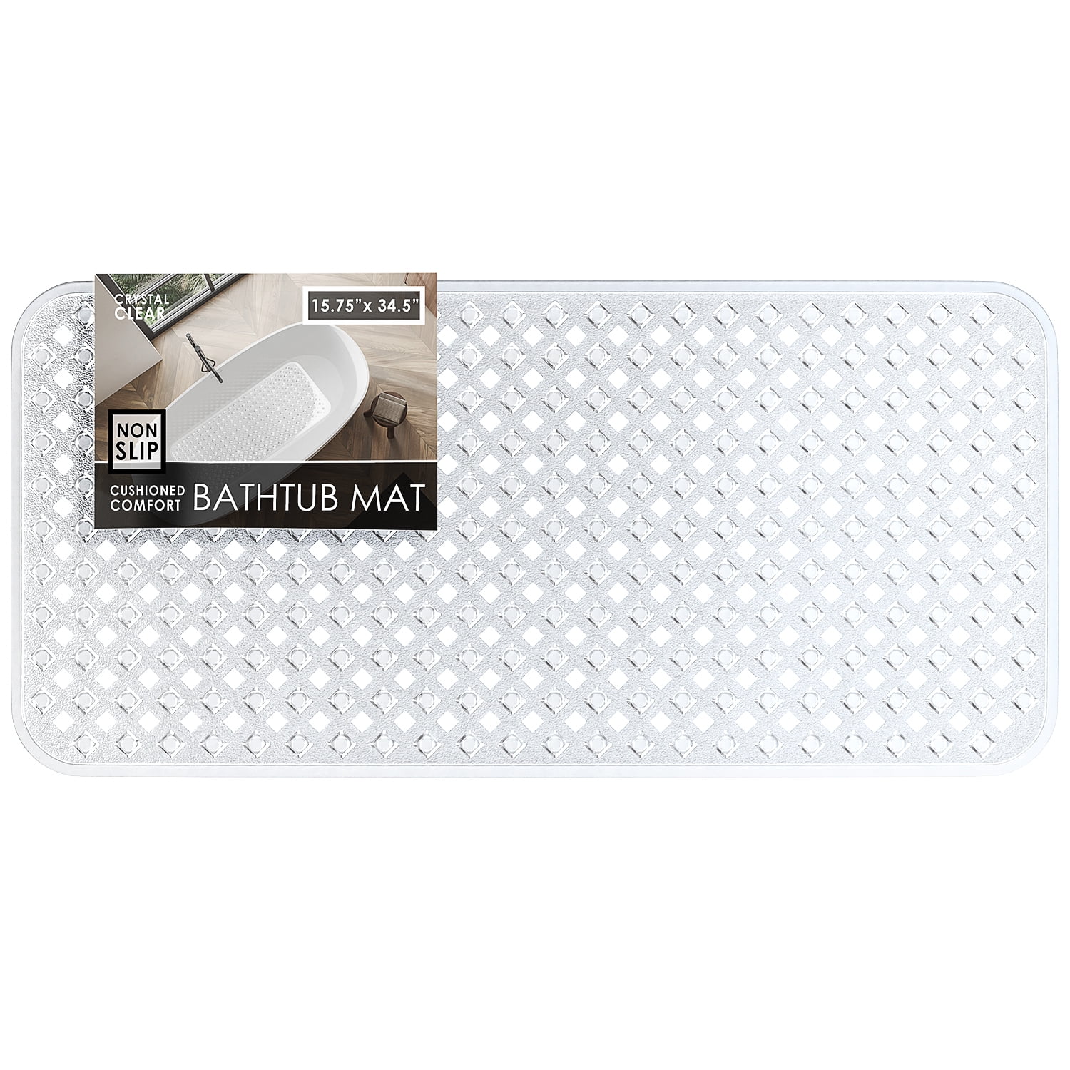 (2 pack) Virtu Non-Slip Mold Resistant Bathtub Mat With Suction Cups and Drain Holes, Heavy Duty Shower Mat, Clear