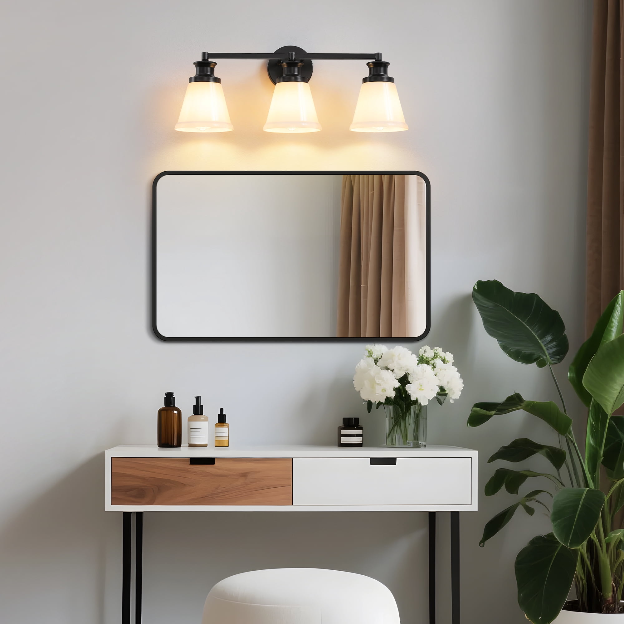 Bathroom Vanity Light Fixtures 3 Lights Modern Bathroom Lighting Fixtures Over Mirror with Frosted Milky Glass Shade Black Wall Sconce for Bath Bedroom