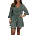 thumbnail image 2 of sunsanly 2 Pcs/Set Women Top Shorts Set Hollow Out Lace Flower Embroidery V Neck Drawstring Three Quarter Sleeves Elastic High Waist Loose Dating Commute Blouse Shorts Suit, 2 of 8