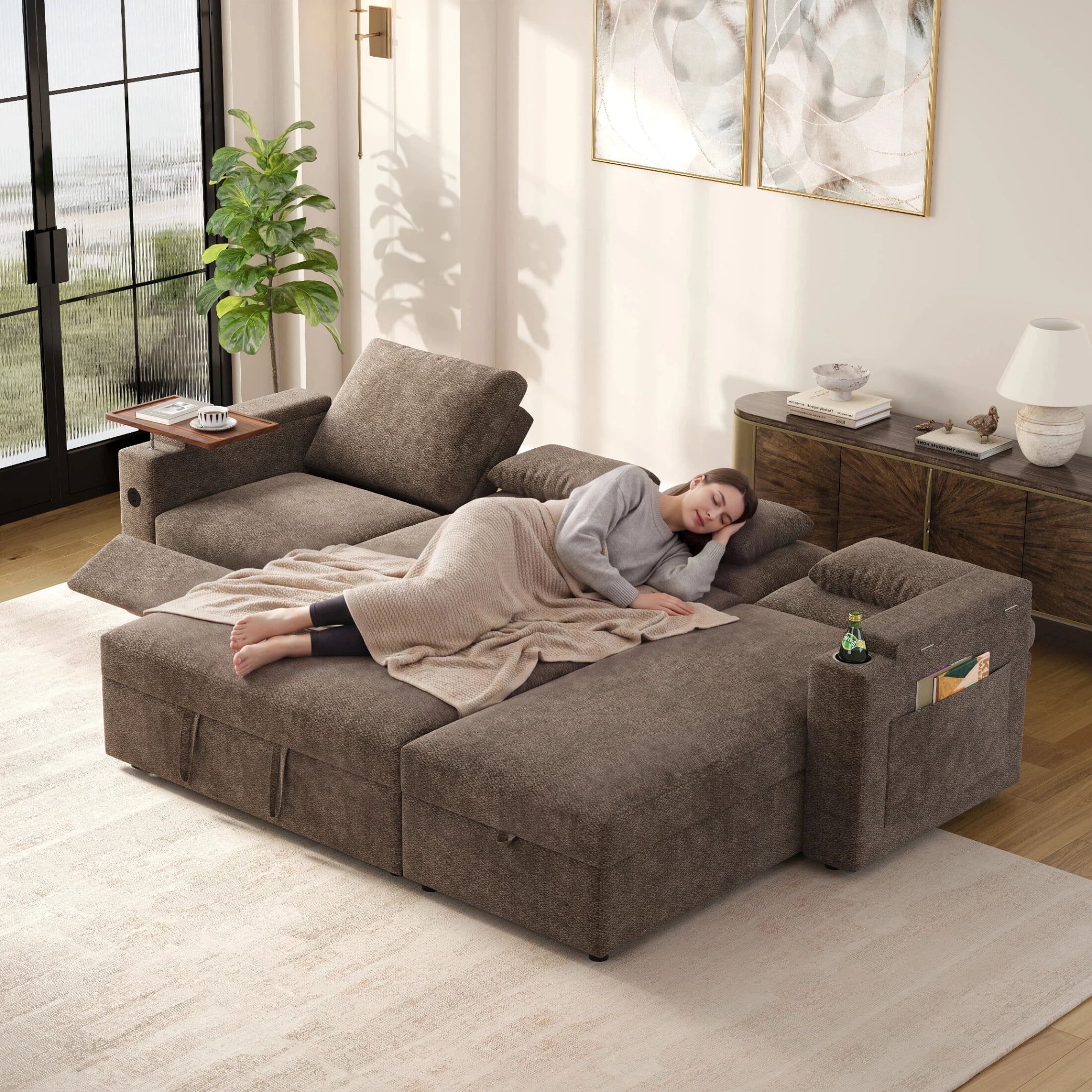 AISWORD 108" 3-in-1 Convertible Pull Out Sofa Bed, 6 Position Adjustable Sleeper Couch with USB Ports, Laptop Table, Cup Holders & Side Storage Pockets, Khaki