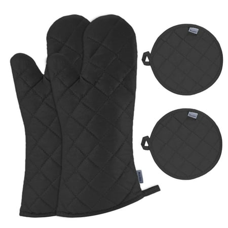 

Set of 4 Oven Mitts and Pot Holder Heavy and Tall Kitchen Cotton Gloves Lined Towelcloth Gloves Length 40cm Pot Holder Width 20cm Diameter Round… (Black) C49