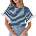 thumbnail image 1 of Yuyuzo Women Tops Ruffle Short Sleeve Shirts Crewneck Casual Basic Striped T Shirt Summer Outfits, 1 of 6