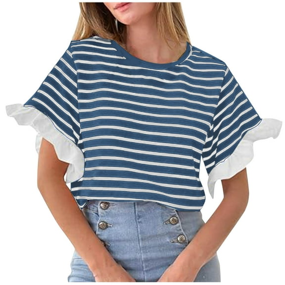 Women Striped Tops Ruffle Sleeve Casual Basic T Shirts Crewneck Short Sleeve Shirt Summer Outfits