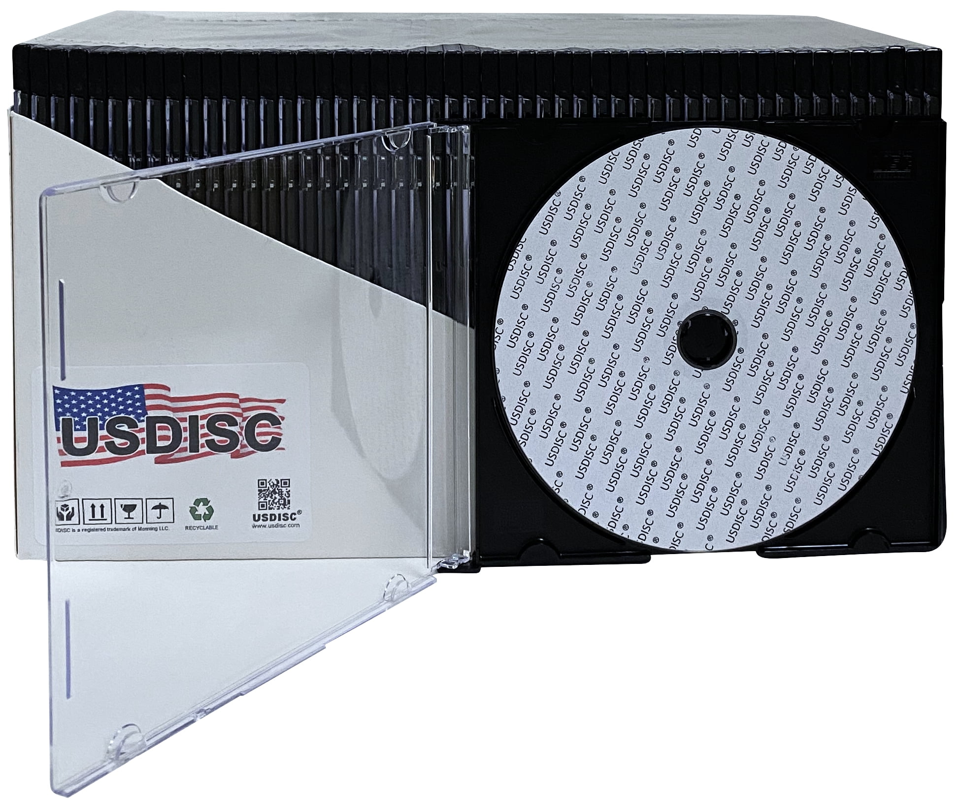 USDISC CD Jewel Cases Slimline 5.2mm, Single 1 Disc, Black, Pack Of 100