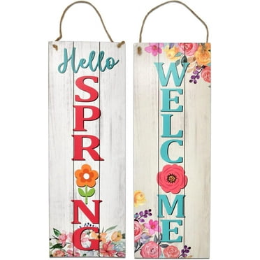 Spring Easter Welcome Sign Set of 2 for Front Door Wall Signs Hanging Wood Double Sided Spring Farmhouse Indoor Outdoor Decoration Supplies 17"x 6"