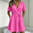 thumbnail image 6 of Women's Summer Cotton Linen Wrap V-Neck Mini Dress Short Sleeve Waist Tie Flowy A-Line Casual Swing Dress for Beach Daily Wear Hot Pink S(S), 6 of 7