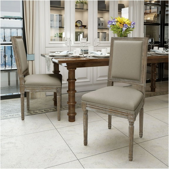 JERFIT Farmhouse Dining Chairs Set of 2, Wheat Upholstered Fabric Side Chairs with Weathered Wood Finish for Kitchen, Dining Room