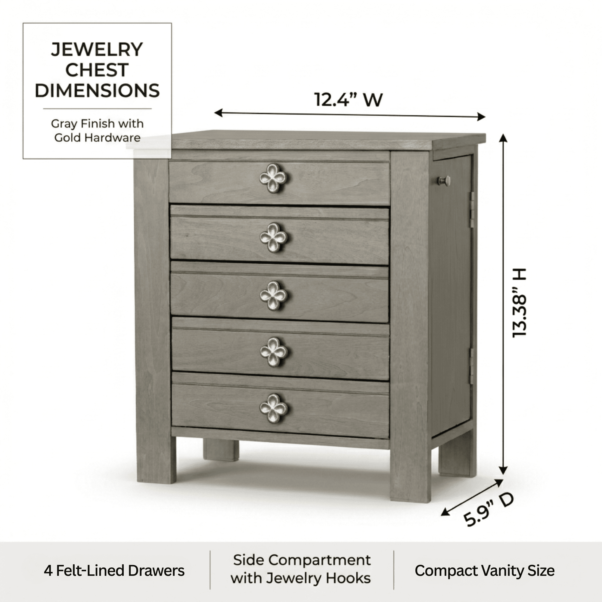 Hives and Honey Emma Wood Jewelry Chest: Modern Grey Tabletop Storage with 4 Drawers for Women