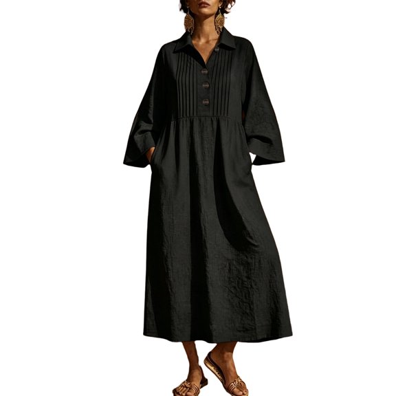 CIENVNSTG Dresses For Women Lapel V Neck Pleated Linen Midi Shirt Dress 3/4 Bell Sleeve Loose A Line Dress with Pockets Black L