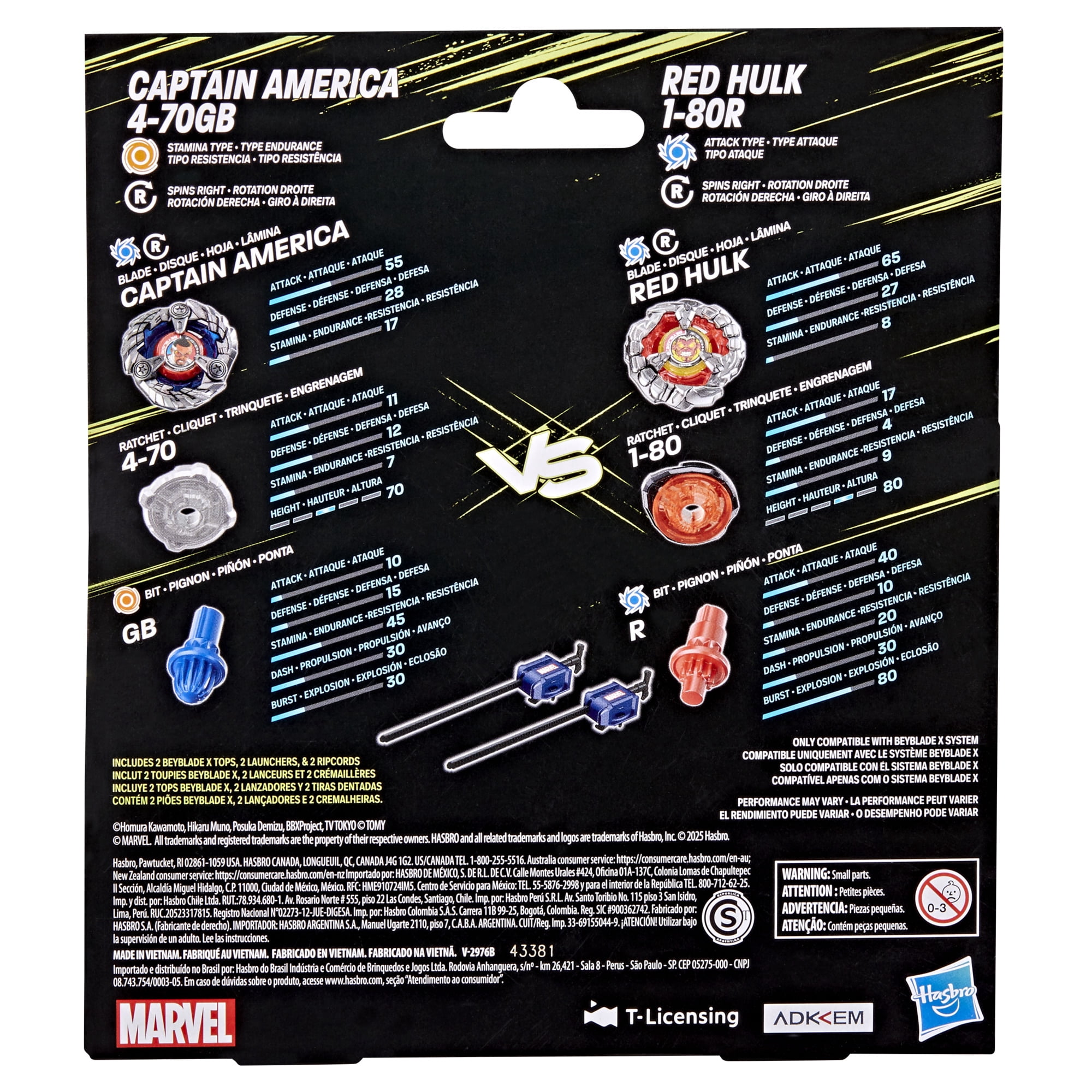 Beyblade X and Marvel Collab, Captain America 4-70GB vs. Red Hulk 1-80R, Ages 8+