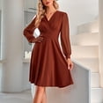 thumbnail image 3 of Vestido de manga larga de jacquard para mujer, cintura alta, cuello en V, vestido de línea para uso diario y formal, color caramelo XL, 3 of 6