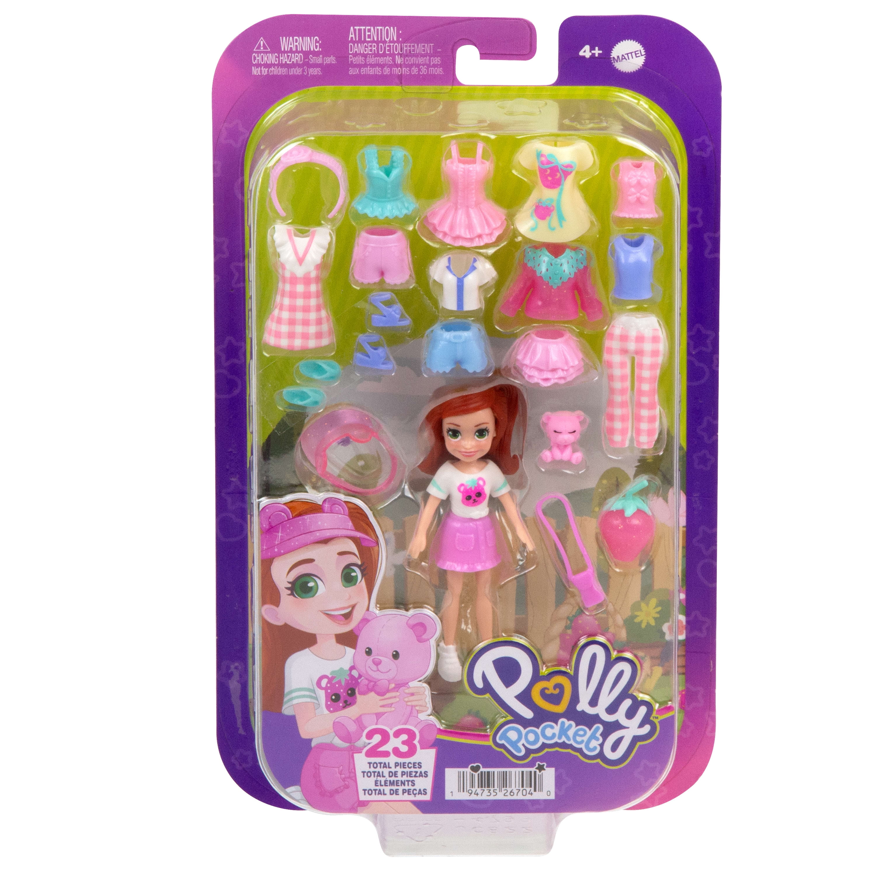 Polly Pocket Medium Fashion Pack, Travel Toy with Doll and Clothing Accessories, Strawberry Garden Theme