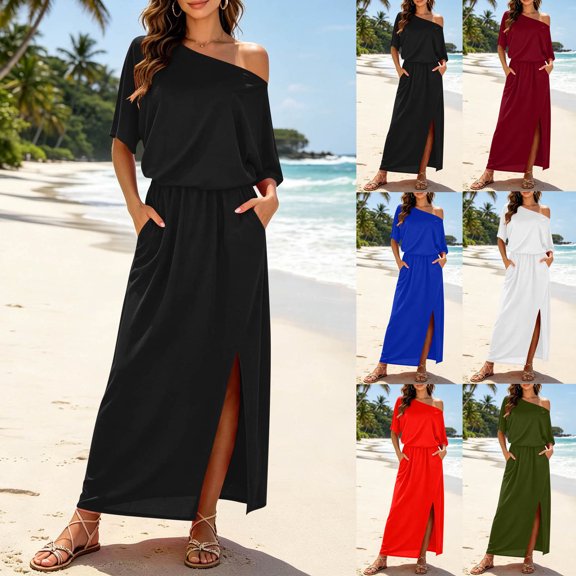 YuXingFu Dresses for Women Maxi Boat Neck Plus Size Womens Dress Short Sleeve with Pocket Long Casual Summer White S