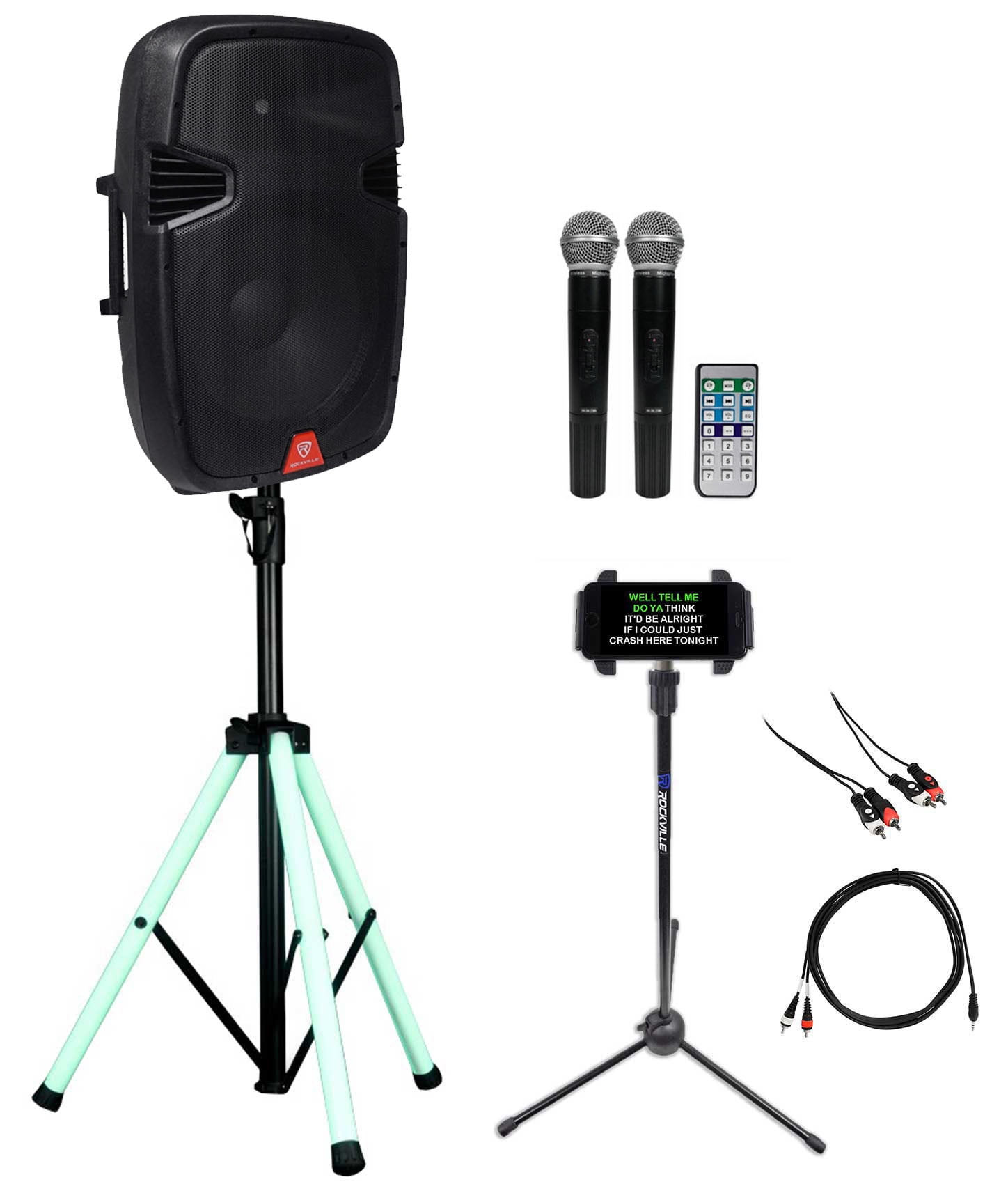 Rockville 15" Karaoke Machine System w/LED Stand+Tablet Stand+Dual Wireless Mics