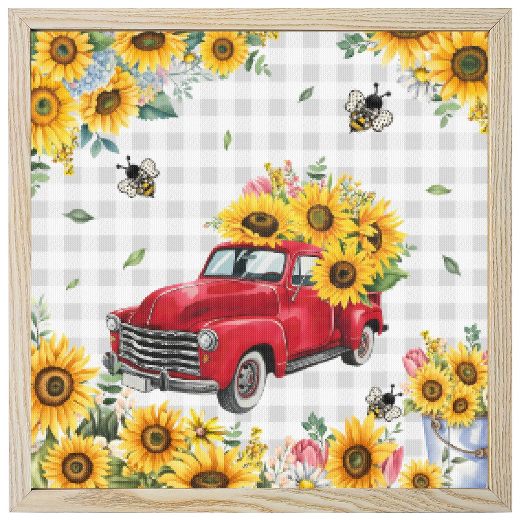 Diamond Painting Kits Sunflower Red Truck 5D Diamond Painting Dots Gem Craft Framed Canvas Farmhouse Bee Grey Plaid Full Drill Diamond Art Paintings for Living Room Wall Decor 12x12 Inch