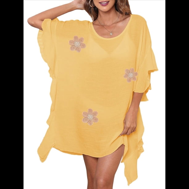 Traje de Baño de Playa Holgado y con Volantes de Color Liso para Mujer Amarillo Talla Única