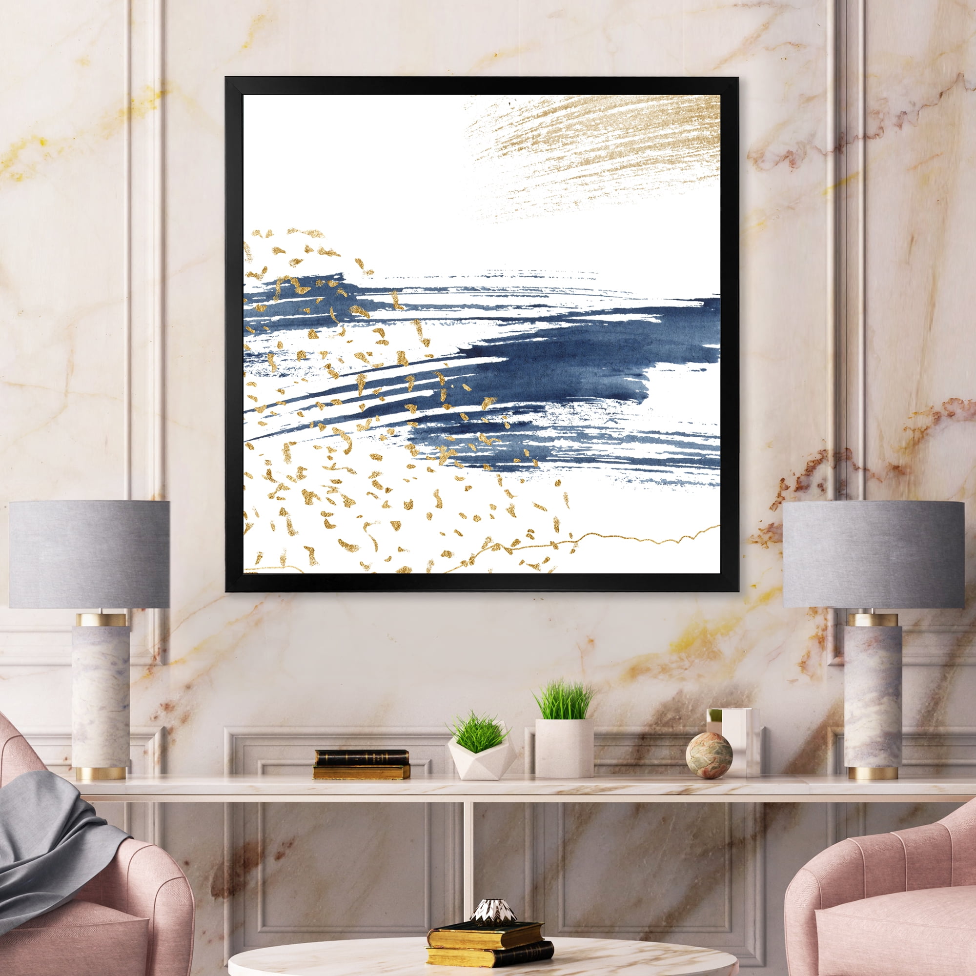 Designart 'Gold and Dark Blue and Abstract I' Modern Framed Art Print