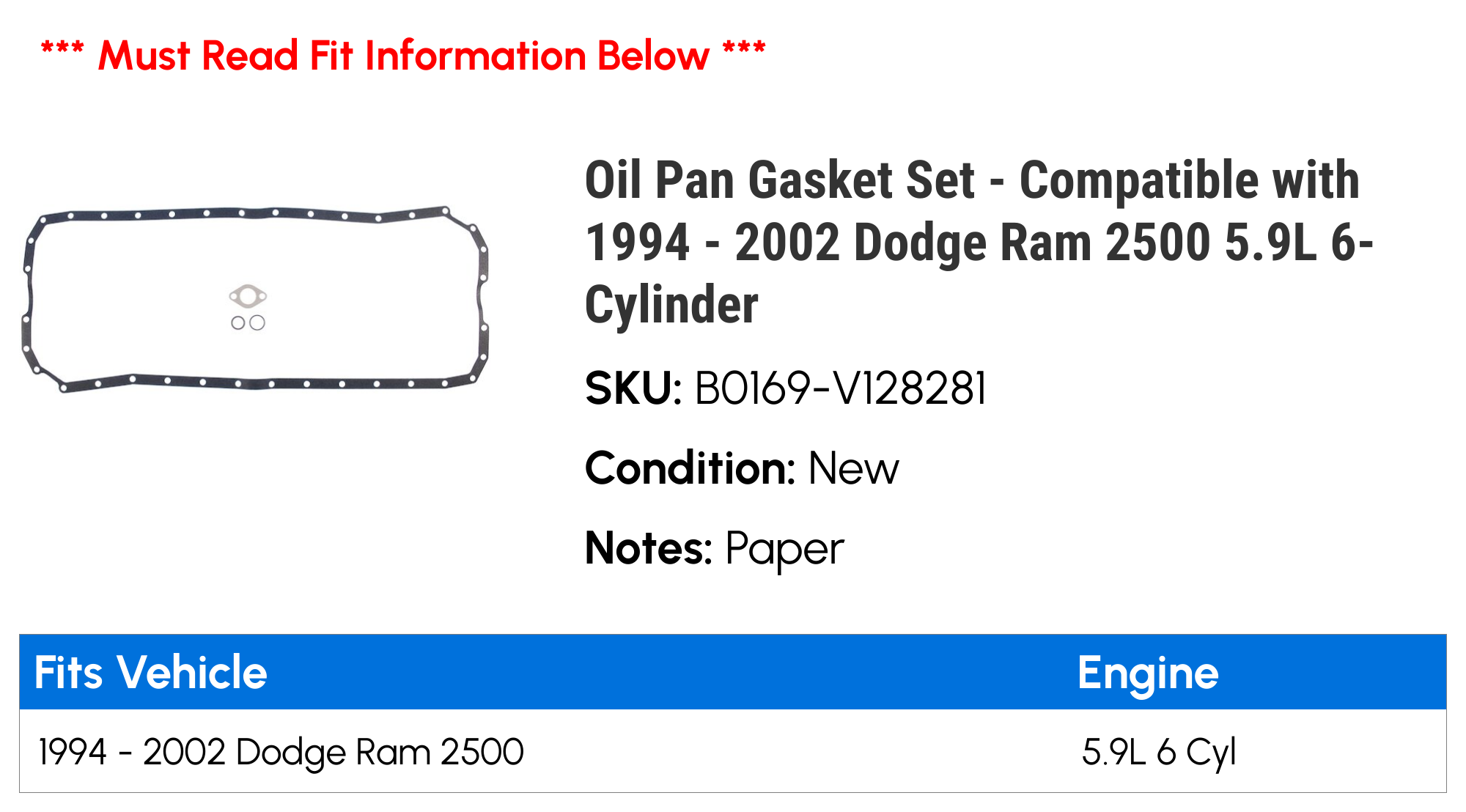 Oil Pan Gasket Set - Compatible with 1994 - 2002 Dodge Ram 2500 5.9L 6-Cylinder 1995 1996 1997 1998 1999 2000 2001