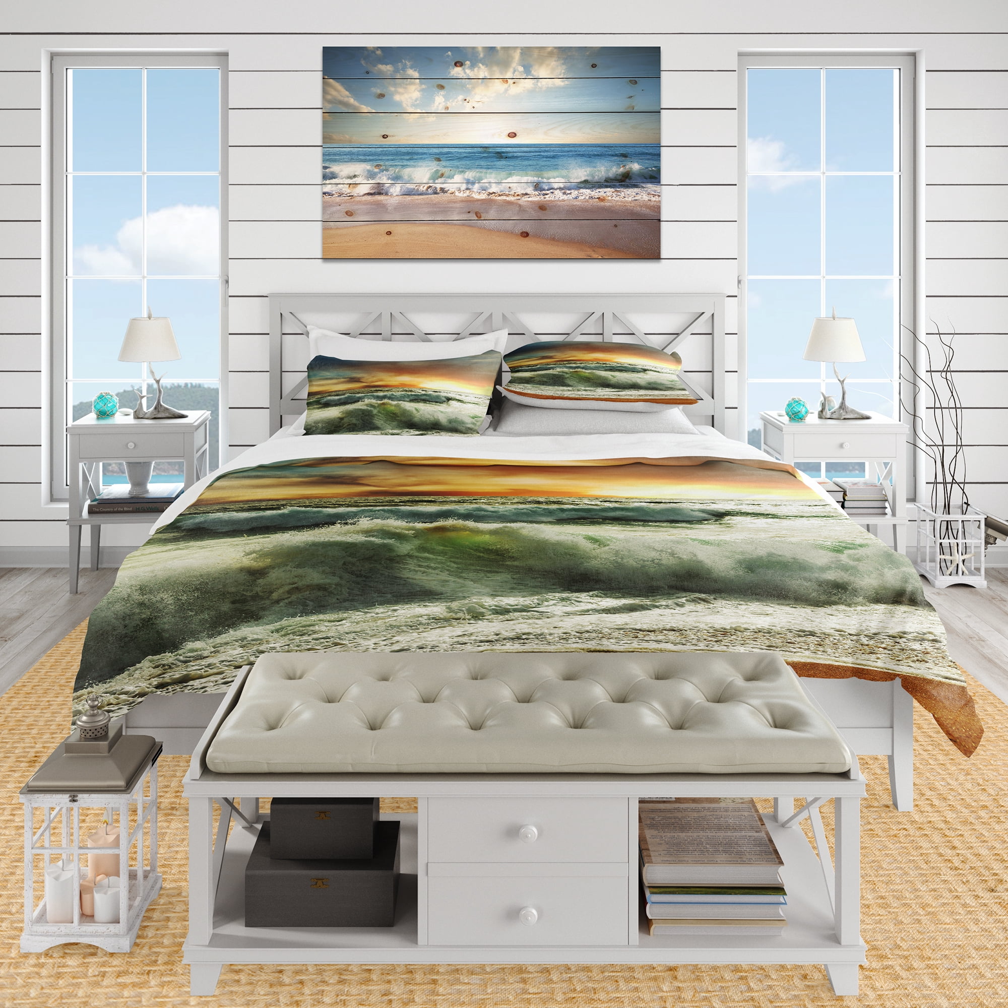 Designart 'Rushing Waves in Evening Beach' Coastal Duvet Cover Set