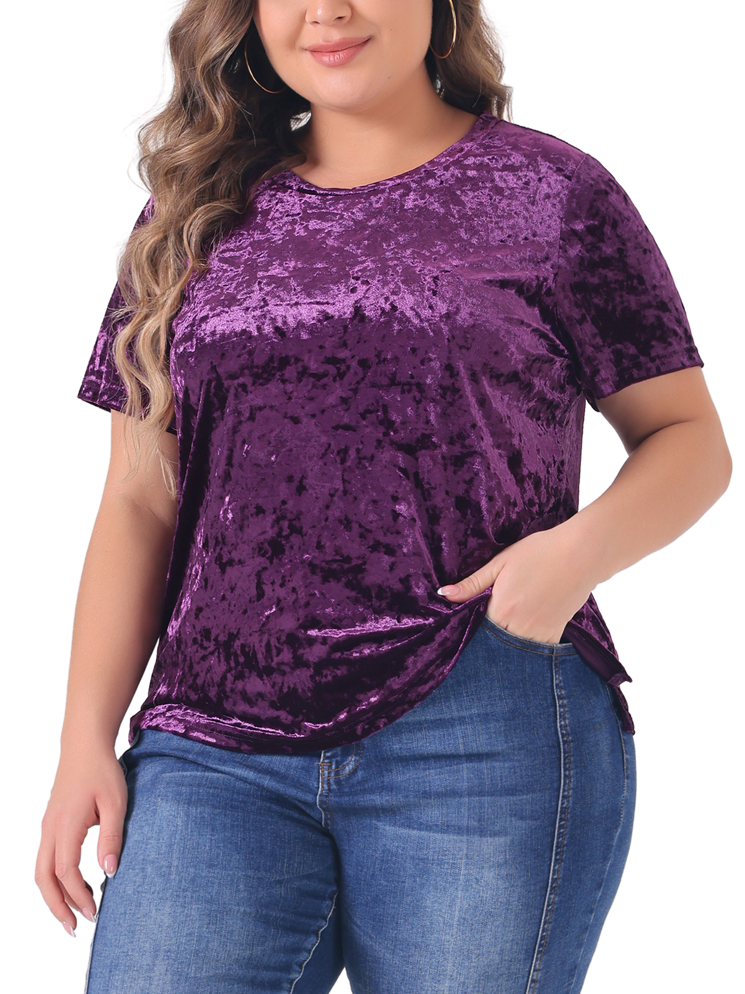 DARING DIVA Women's Plus Crew Neck Short Sleeve Tee Tops Velvet T-Shirt 1X Purple