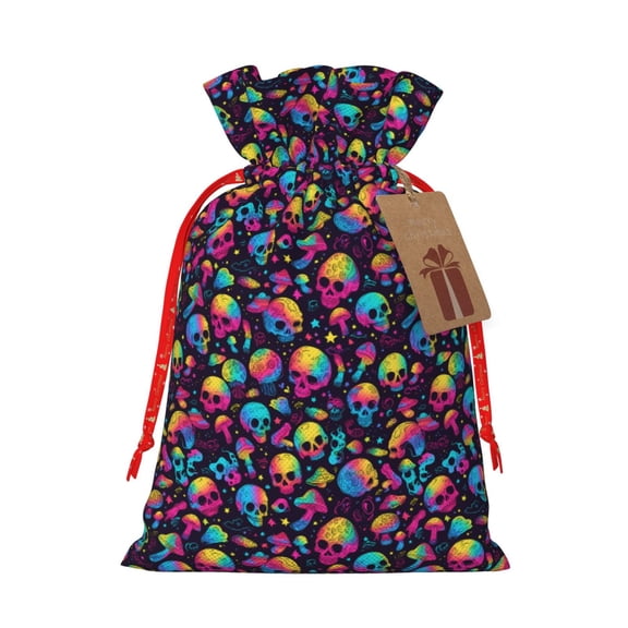 Naloa Skull rainbow color mushroom Drawstring Christmas Bags, 3D Xmas Gift Bags, Christmas Wrapping Bags, Xmas Goodie Bags, Treat Pouch Bags, Party Favor Bags-Medium