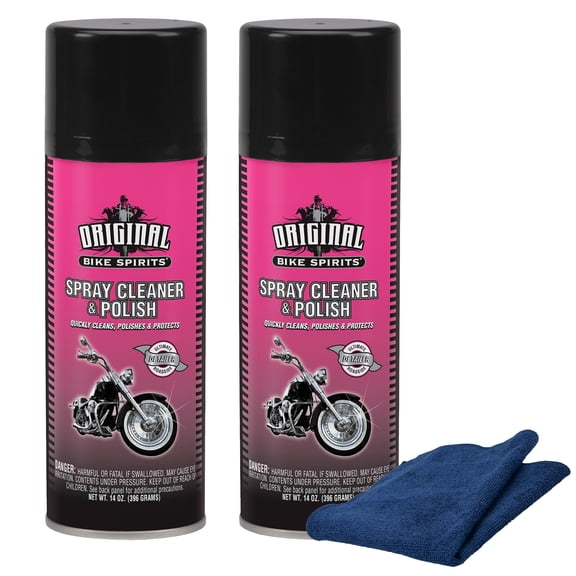 Original Bike Spirits Spray Cleaner & Polish 14 oz and Blue Microfiber Rag Waterless Motorcycle Cleaner and Polish for Paint Chrome and Plastic