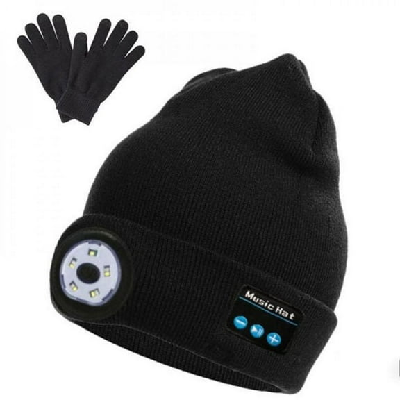 HESHENG Bluetooth Beanie Hat with 5 LED Headlight Lighted Beanie Cap Rechargeable with Wireless Bluetooth Winter Warm Knit Hat, Black