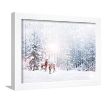 Forest in the Frost. Winter Landscape. Snow Covered Trees. Deer, Animals Scenic Framed Art Print Wall Art by Shutova Elena Sold by Art.Com