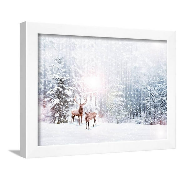 Forest in the Frost. Winter Landscape. Snow Covered Trees. Deer, Animals Scenic Framed Art Print Wall Art by Shutova Elena Sold by Art.Com