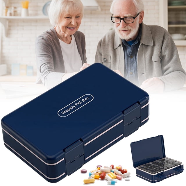 Double Layer 24 Compartment Weekly Organizer Box Travel Portable Pill Case Moisture Proof Daily Use Blue White