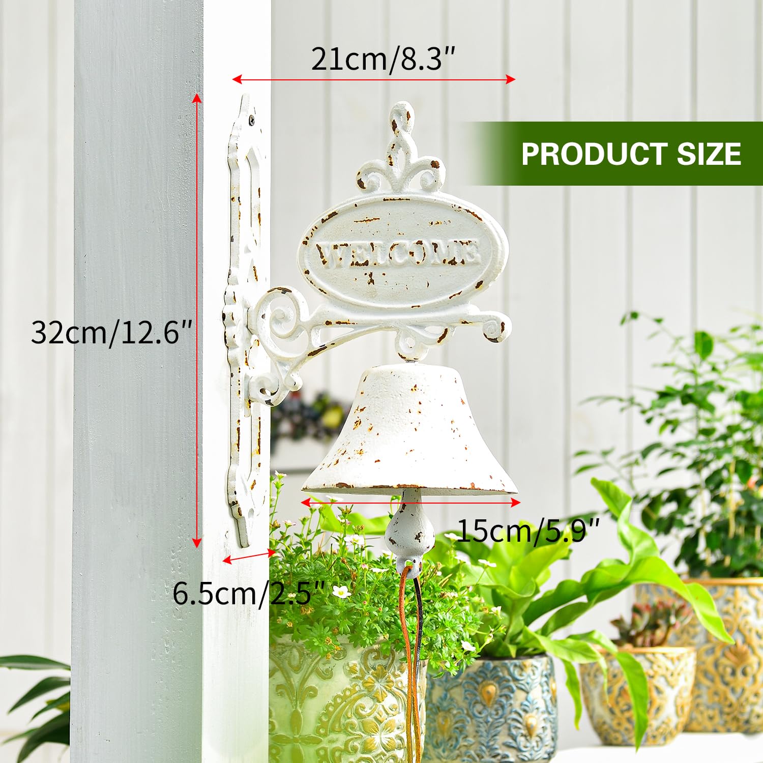 Sungmor Cast Iron Dinner Bell Rustic White Wall Hanging Bell Welcome Sign, Vintage Style Farmhouse Outside Door Bell, Decorative Manually Shaking Doorbell, Indoor Outdoor Wall Mounted Dinner Bell