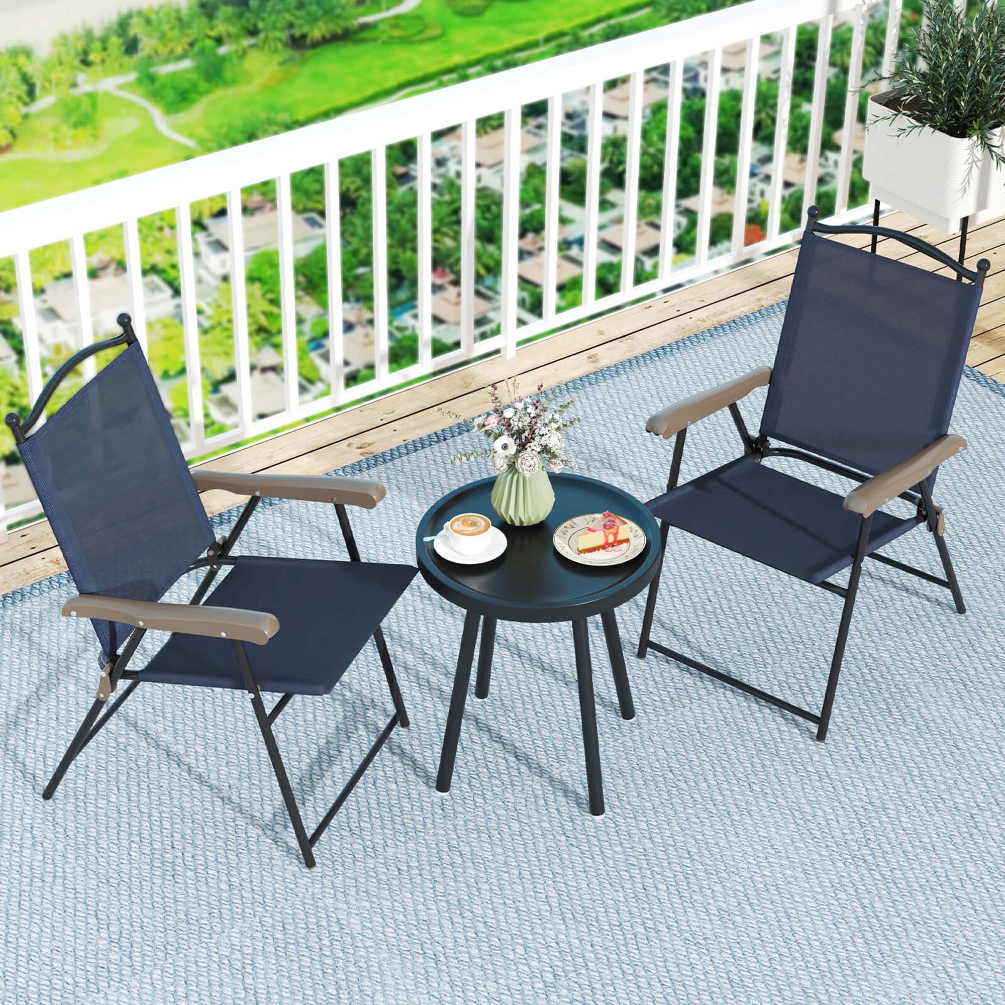 Costway Patio Folding Chairs Set of 2 with Armrests Outdoor Portable Camping Chairs Navy
