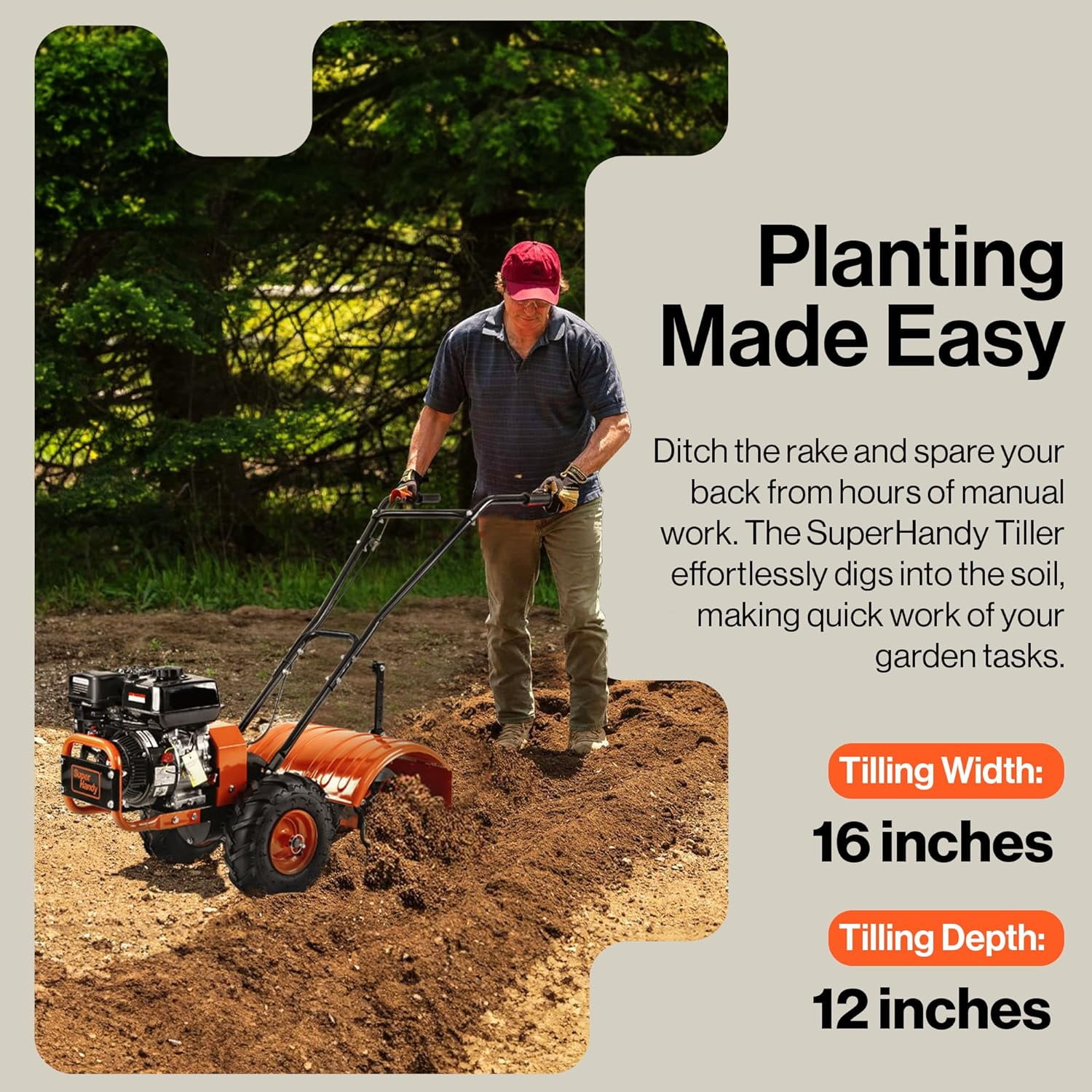 "SuperHandy ROTO 7HP Rear Tine Tiller - Heavy-Duty Garden Soil Cultivator, 16"" Tilling Width, 12"" Depth"