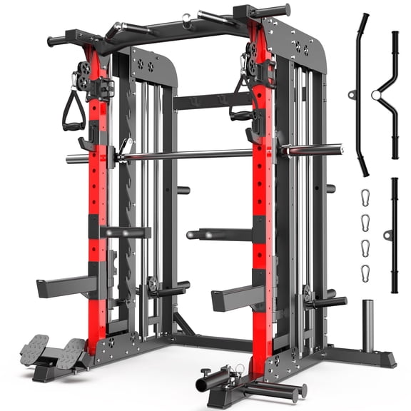 Movexi 2000LB Smith Machine & Dual Pulley Home Gym - Squat Rack, Lat Pulldown, Cable Crossover - Includes Workout Attachments