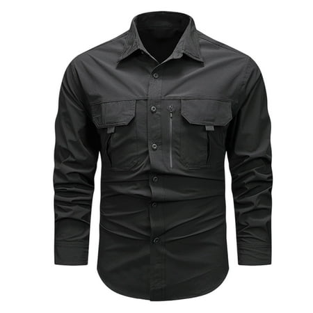 JUUYY Long Sleeve Fishing Shirts for Men Hiking Cargo Lightweight Button Down Shirt Safari Tactical Shirt Black M