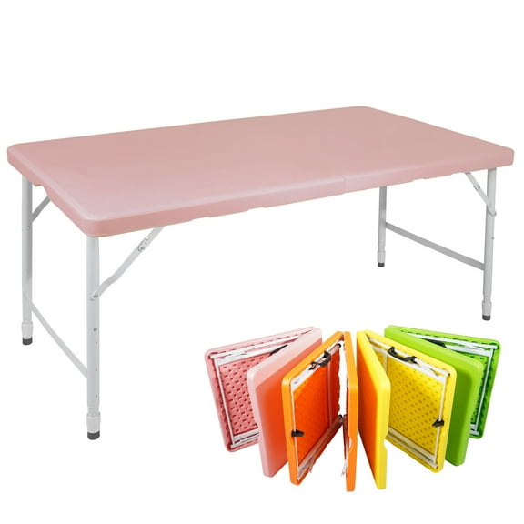 HooKung 4 FT Folding Table with Carry Handle, Portable Fold-in-Half Plastic Table, Rectangle Foldable Table for Indoor/Outdoor Pink