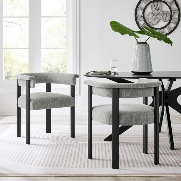 Modway Imogen Woven Heathered Fabric Upholstered Barrel Dining Chairs - Set of 2 in Heathered Weave Gray Black