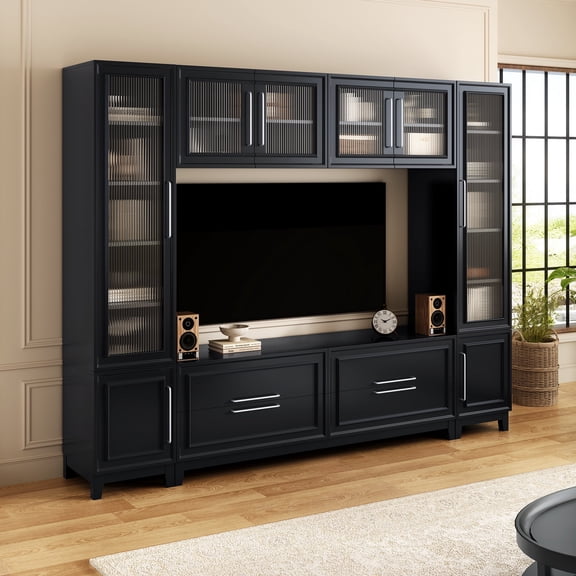 Oufan 102" Wall Unit Entertainment Center with Storage for TVs Up to 75", Modern TV Stand with Glass Doors, Shelves & Drawers, Media Console Table for Living Room, Apartment, Black